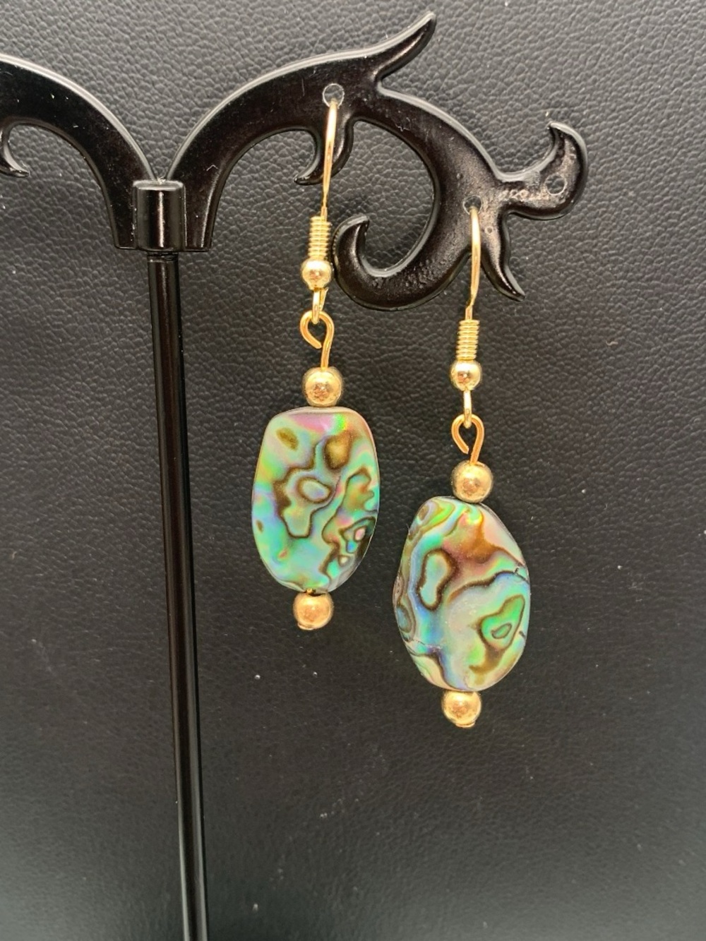 Gold tone Bead Abalone Shell Drop Earrings - Iridescent Green